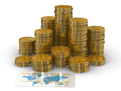 Column of golden coins isolated on white. 3D image