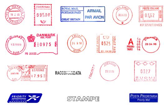 Postage meters, rubber stamps, mail labels isolated over white