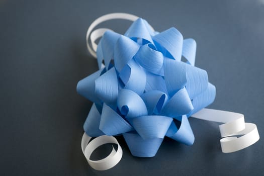 Close up of blue bow with white ribbons.