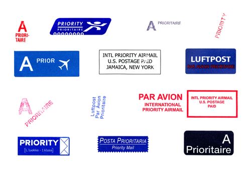 Postage meters, rubber stamps, mail labels isolated over white