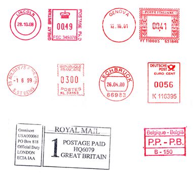 Postage meters, rubber stamps, mail labels isolated over white