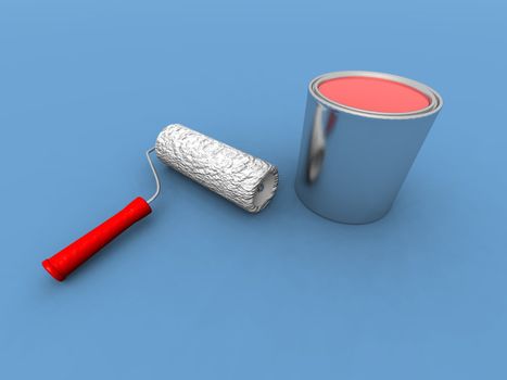 a 3d render of a paint roller and a red paint can
