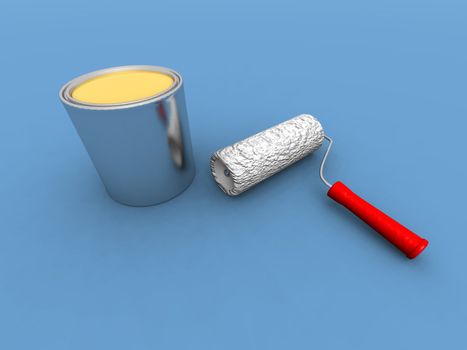 a 3d render of a paint roller and a yellow paint can