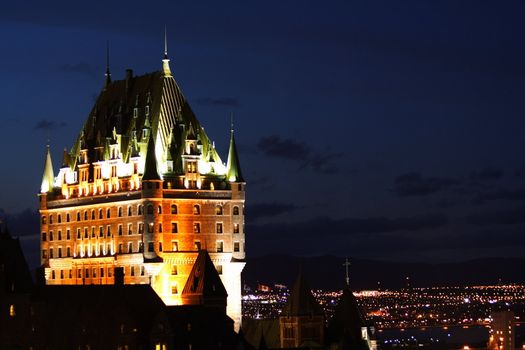 Night scene of the national landmark, Chateau Frontenac in Quebec City, Canada