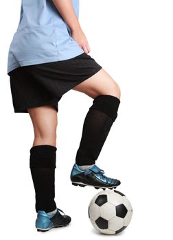 closeup on legs of a young woman with soccer ball