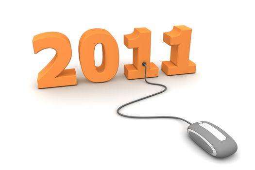 modern grey computer mouse connected to the orange year 2011 - welcome the new year