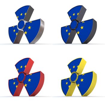 shiny 3d atomic/nuclear sign moade of a metallic, black, red, yellow material  - european union flag as a front texture