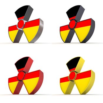 shiny 3d atomic/nuclear sign moade of a metallic, black, red, yellow material  - german flag as a front texture