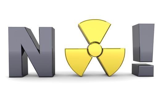 shiny black word NO with exclamartion mark - a shiny yellow nuclear sign is replacing the letter O