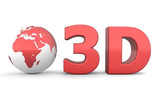 metallic red word 3D with a 3D globe - front view