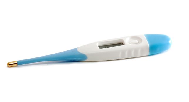 Digital white and blue thermometer with display isolated over white.