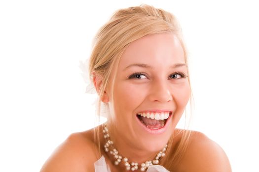 Beautiful young blond bride laughing