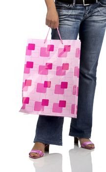 Woman shopping on white background
(photo was taken in studio)
