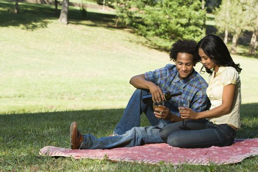 Couple having romantic picnic in park drinking wine.