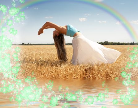 stretching woman in the meadow with rainbow, water and flowers