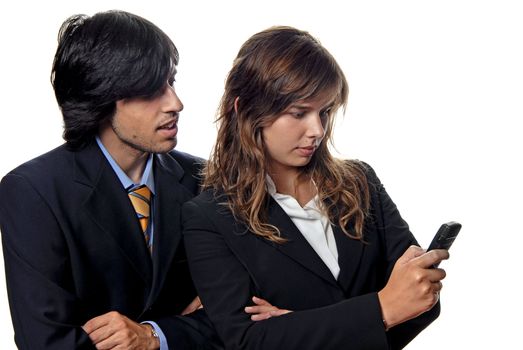 business couple, woman secretary with cell phone