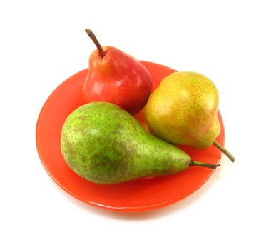 image of red, gree, and yellow pears on a white background