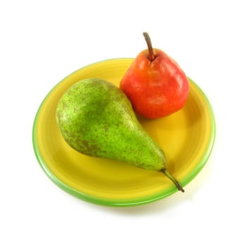 image of red and green pears on a white background