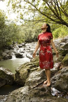 Portrait of Asian American woman in ethnic attire standing on rock by creek in Maui, Hawaii.