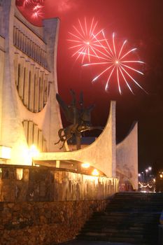 Celebratory fireworks behind drama theatre