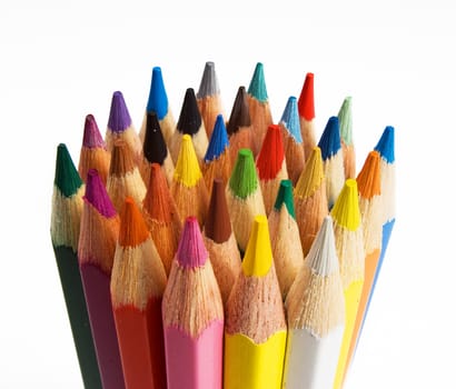 Group of colored pencils are on the white background