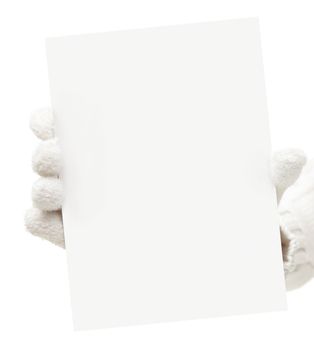 winter gloves holding blank sign isolated on white background