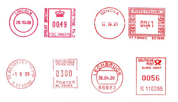 Postage meters, rubber stamps, mail labels isolated over white