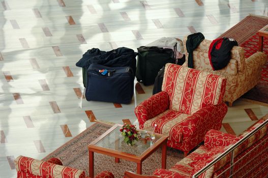 Luggage in hotel lobby