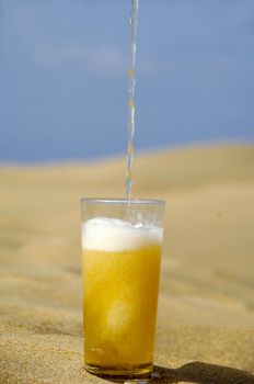 A glass of fresh beer in a desert. 