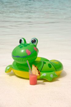 Happy frog is enjoying a cool drink by the pool