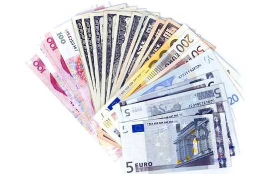RMB, dollars and euro - banknotes in shape of fan. Photo of different banknotes, money in different shapes and colors. Useful for financial, economic backgrounds.