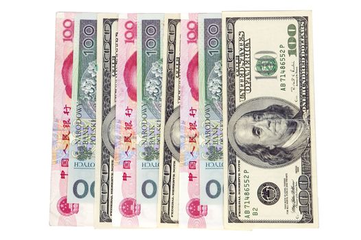 Chinese RMB, Polish Zloty and US dollars in one row. Photo of different banknotes, money in different shapes and colors. Useful for financial, economic backgrounds.