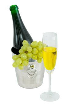 Still-life with a glass of wine and a bottle on a white background
