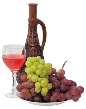 Bright still life with grapes and wine on white