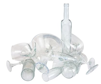 Heap of glassware on a white background