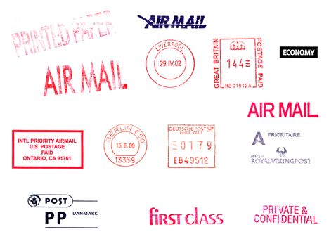 Postage meters, rubber stamps, mail labels isolated over white