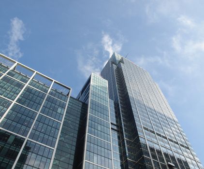 Modern highrise steel and glass architecture in the business district of Canary Wharf, London Docklands, UK