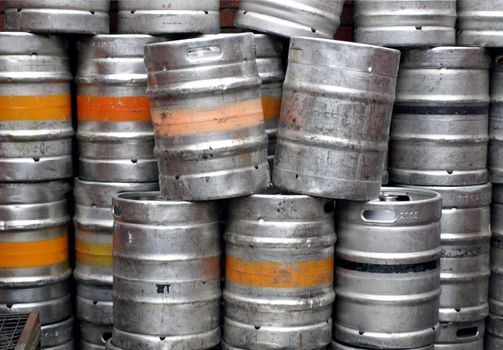 Range of stacked beer casks of kegs