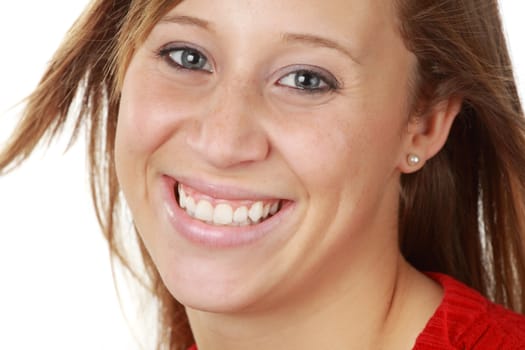 young caucasian woman, blue background