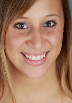 young caucasian woman, blue background