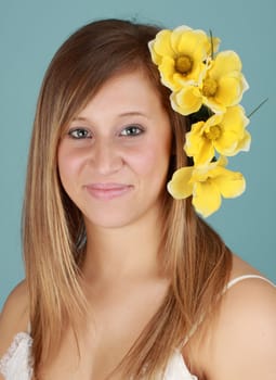 young caucasian woman, blue background