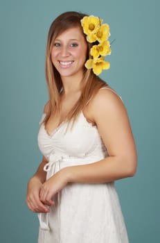 young caucasian woman, blue background