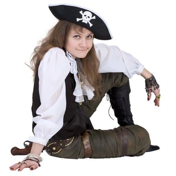 The pirate - young woman with pirate hat on white