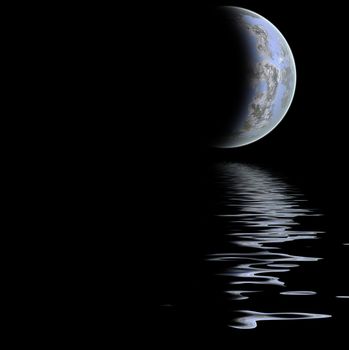 large moon reflecting over smooth waves on water  black outer space nice web background