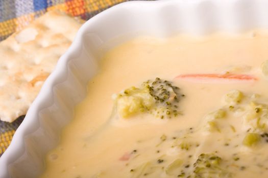 cream of broccoli soup on a blue placemet