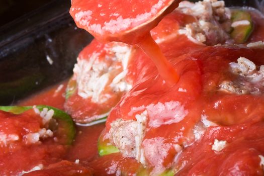 stuffed peppers cut in to slices with tomato sauce 