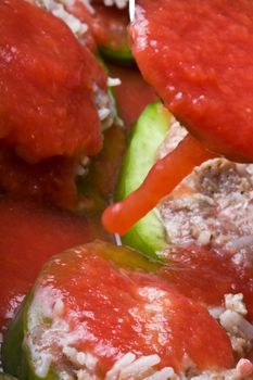 stuffed peppers cut in to slices with tomato sauce 