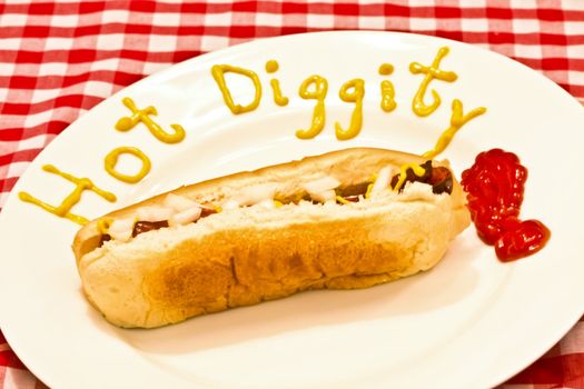 hot dog on a white plate with hot diggity spelled out