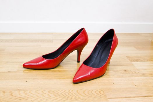fashionable female shoes on wooden floor