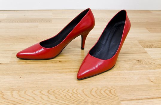 fashionable female shoes on wooden floor